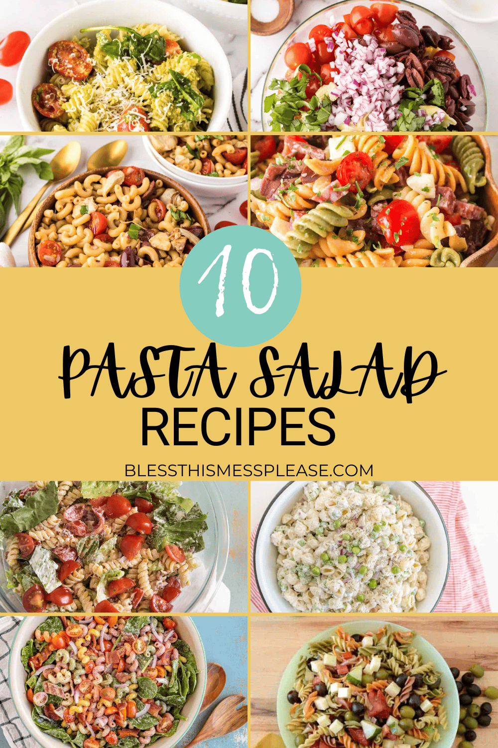 A vibrant collage of eight pasta salads in bowls surrounds text that reads 10 Pasta Salad Recipes, on a tan background—perfect inspiration for your next pasta salad recipes.