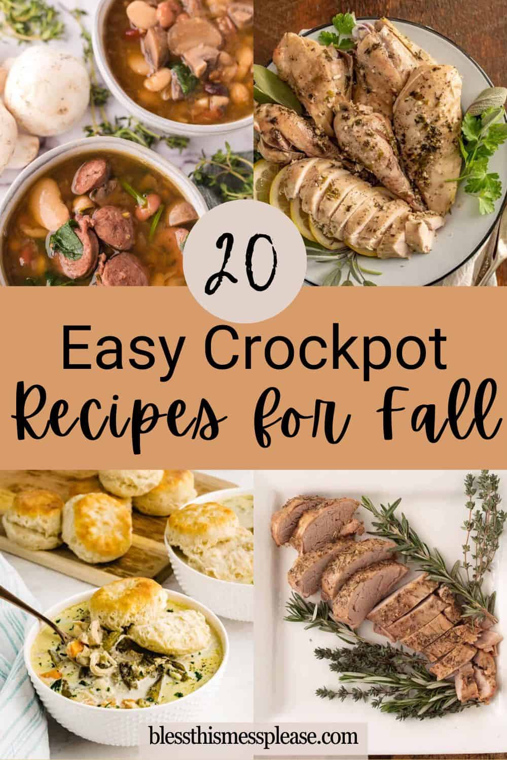 A collage of hearty fall dishes—soups, roasted chicken, biscuits with stew, and sliced pork—with text overlay: “20 Easy Crockpot Recipes for Fall.” Discover the best crockpot recipes for fall at