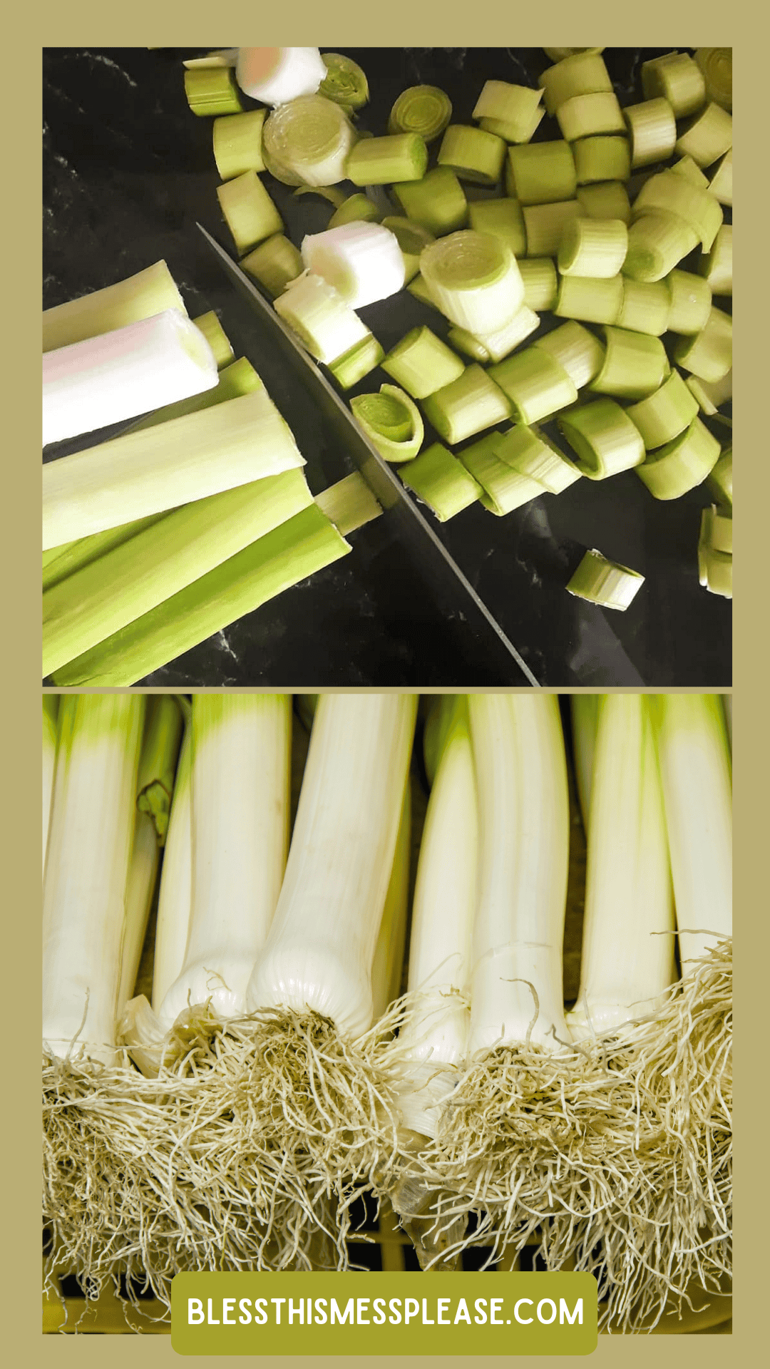 Top: Chopped leeks and a knife on a cutting board. Bottom: Whole leeks with roots attached, lined up closely—perfect for learning how to preserve leeks. Text at the bottom reads “