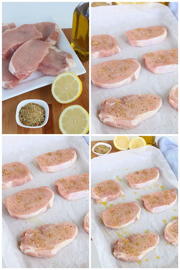 Four-step collage showing raw lemon pepper porkchops on a plate with lemon, oil, and seasoning, then arranged on a baking sheet, seasoned, and drizzled with oil, ready for roasting.
