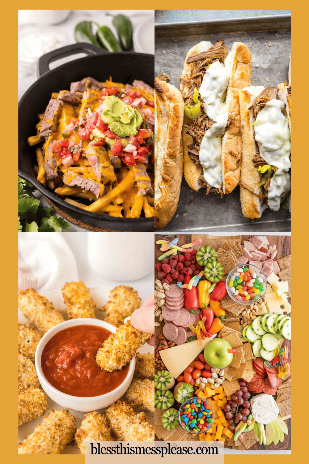A collage of four images: game day food like loaded nachos in a skillet, hoagie sandwiches with melted cheese, mozzarella sticks being dipped in marinara, and a colorful charcuterie board with fruits, veggies, meats, and cheeses.