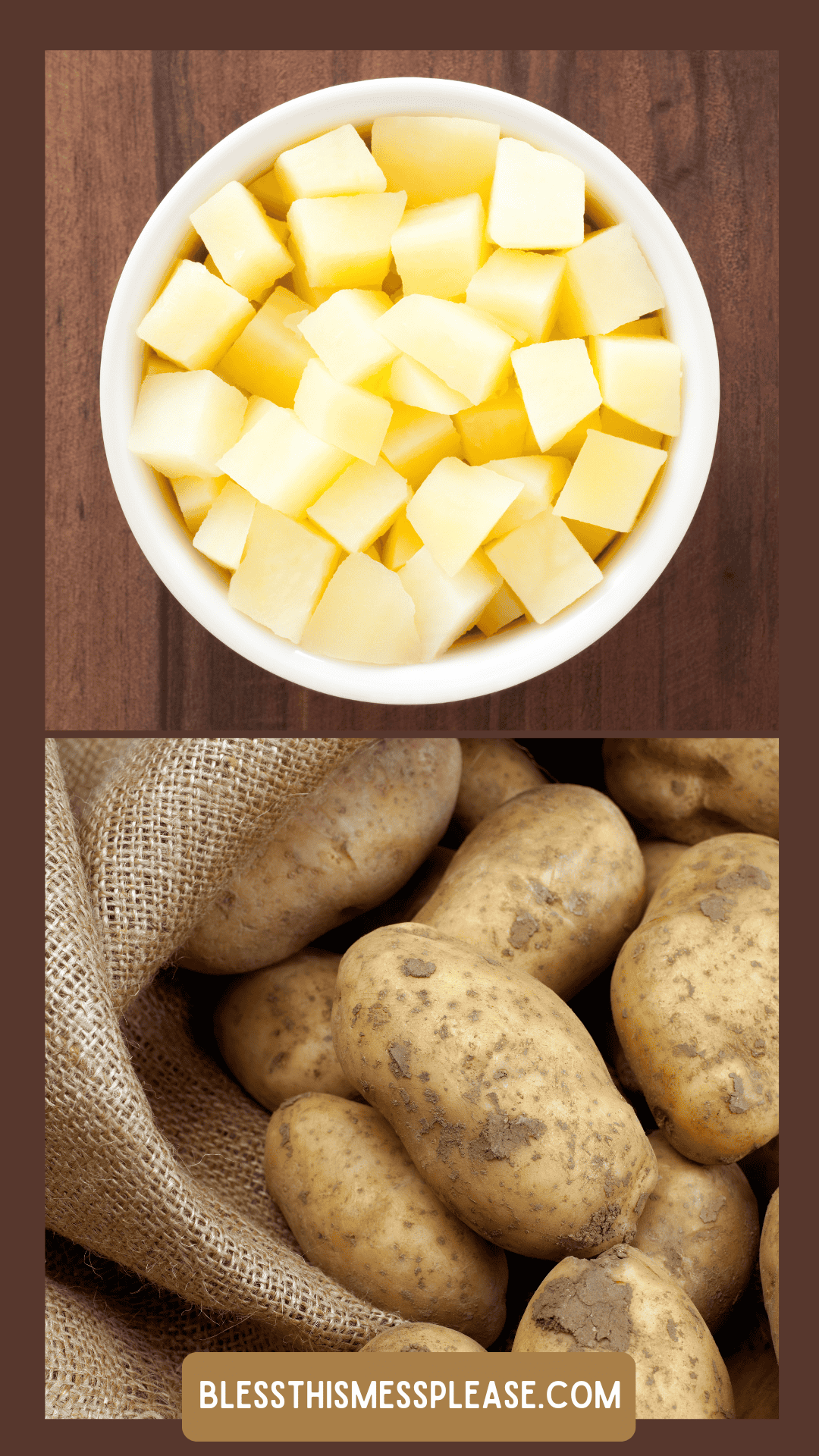 Top: A white bowl filled with diced raw potatoes on a wooden surface. Bottom: Whole, unwashed potatoes spilling from a burlap sack—perfect for learning how to preserve potatoes. Text: appears at the bottom.