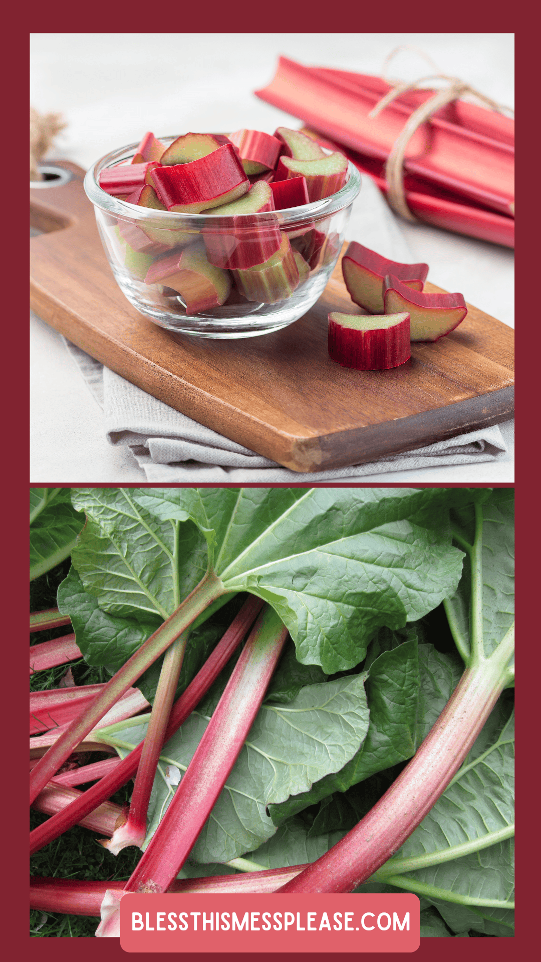 A glass bowl of chopped rhubarb on a wooden board is shown above fresh rhubarb stalks with green leaves, perfect for learning how to preserve rhubarb. Text at the bottom reads “