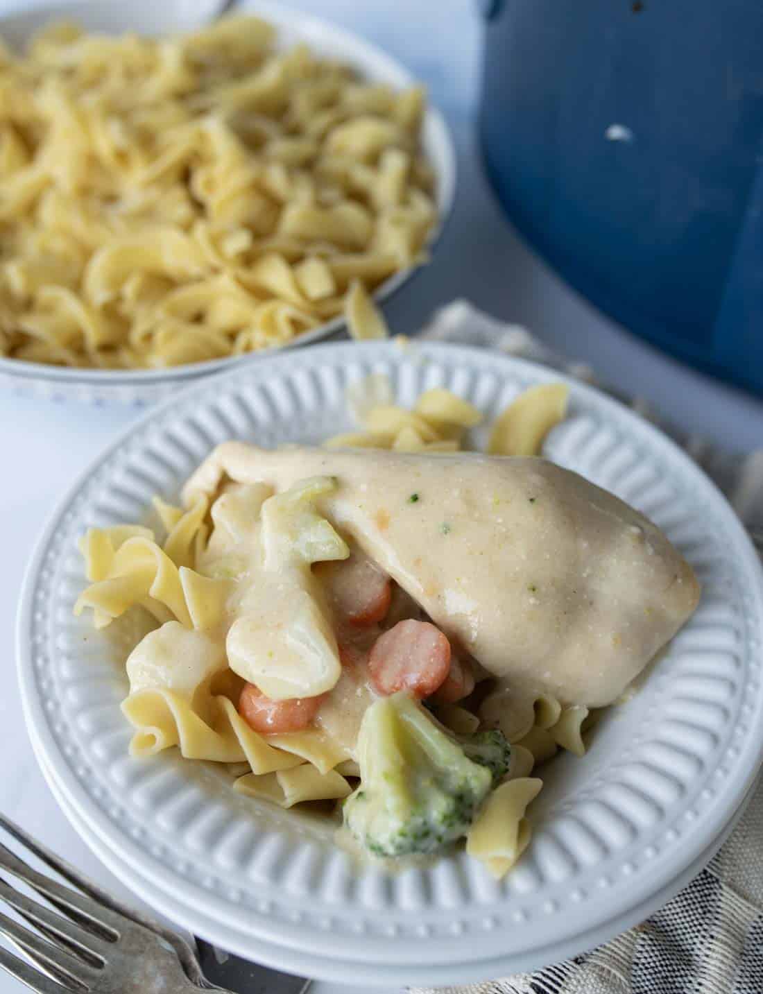 A white plate with cooked egg noodles topped with slow cooker creamy chicken, sliced carrots, broccoli, and cauliflower. In the background, a bowl of plain egg noodles and part of a blue pot are visible.