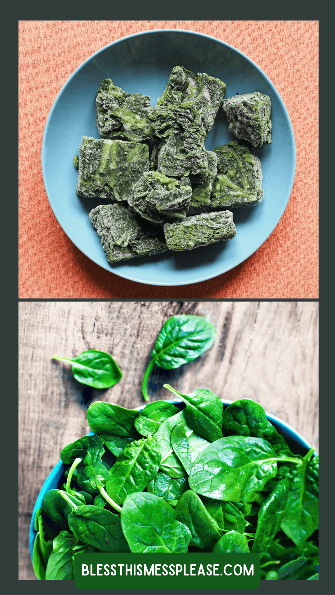 A blue bowl with frozen spinach cubes on an orange surface sits above a blue bowl filled with fresh spinach leaves on a wooden table, illustrating how to preserve spinach. Text reads “