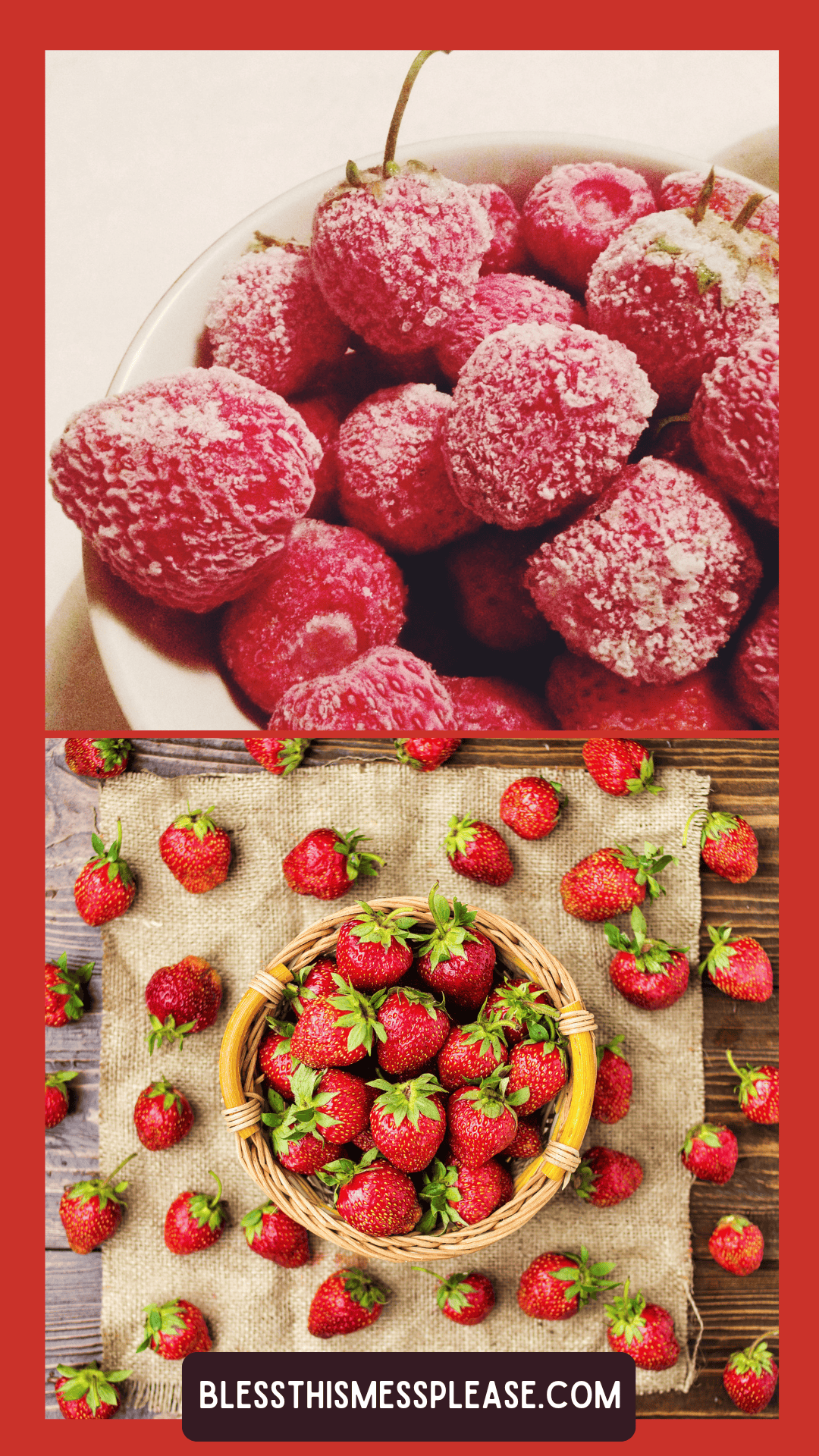 A bowl of frozen strawberries covered in frost sits above a basket of fresh strawberries on burlap, with more strawberries scattered around—showing how to preserve strawberries. The website appears at the bottom.