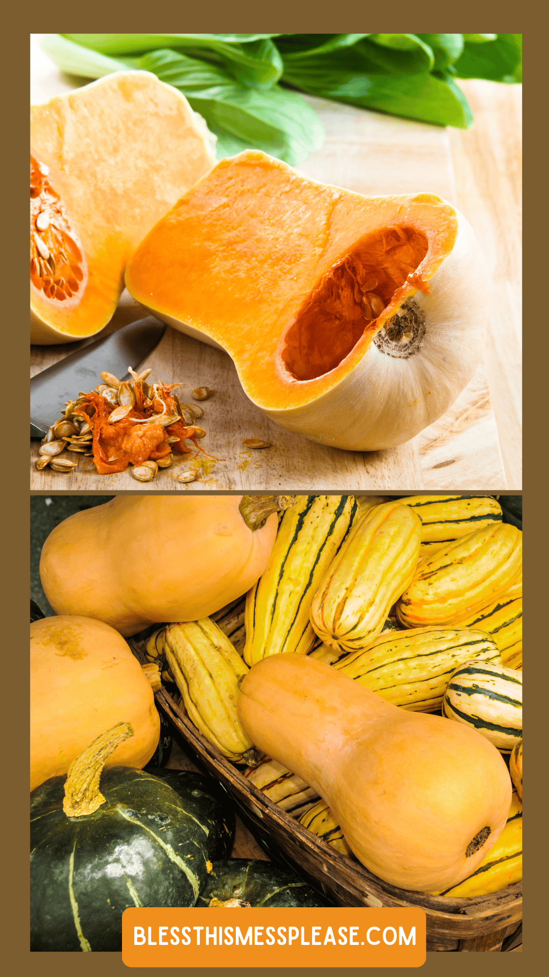 Sliced and whole butternut squash are displayed on a cutting board and in a basket alongside other squash varieties, perfect for learning how to preserve winter squash. The text at the bottom reads