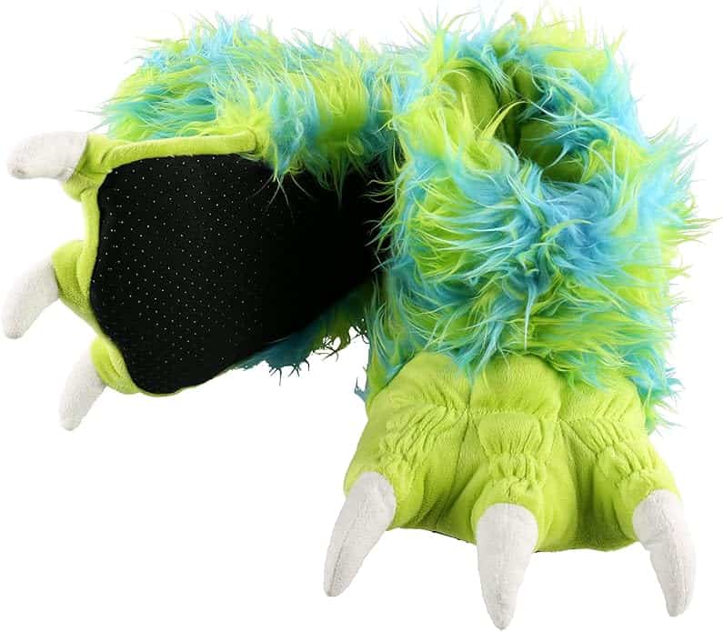 A pair of plush monster claw gloves with green and blue furry tops, white claws, and black, textured palms.