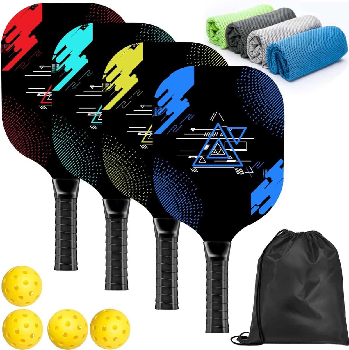 Four colorful pickleball paddles, four yellow pickleballs, three rolled towels, and a black drawstring bag arranged on a white background.