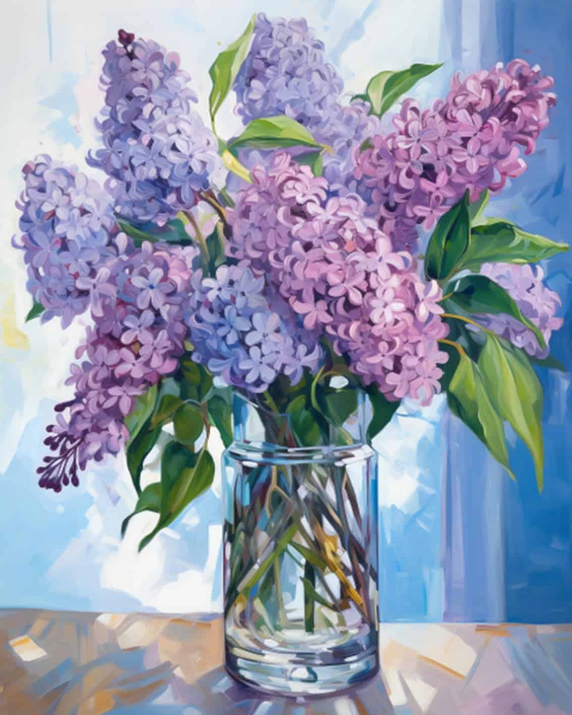 A clear glass vase holds a bouquet of purple and lavender lilacs with green leaves, set on a wooden surface against a softly lit blue and white background.