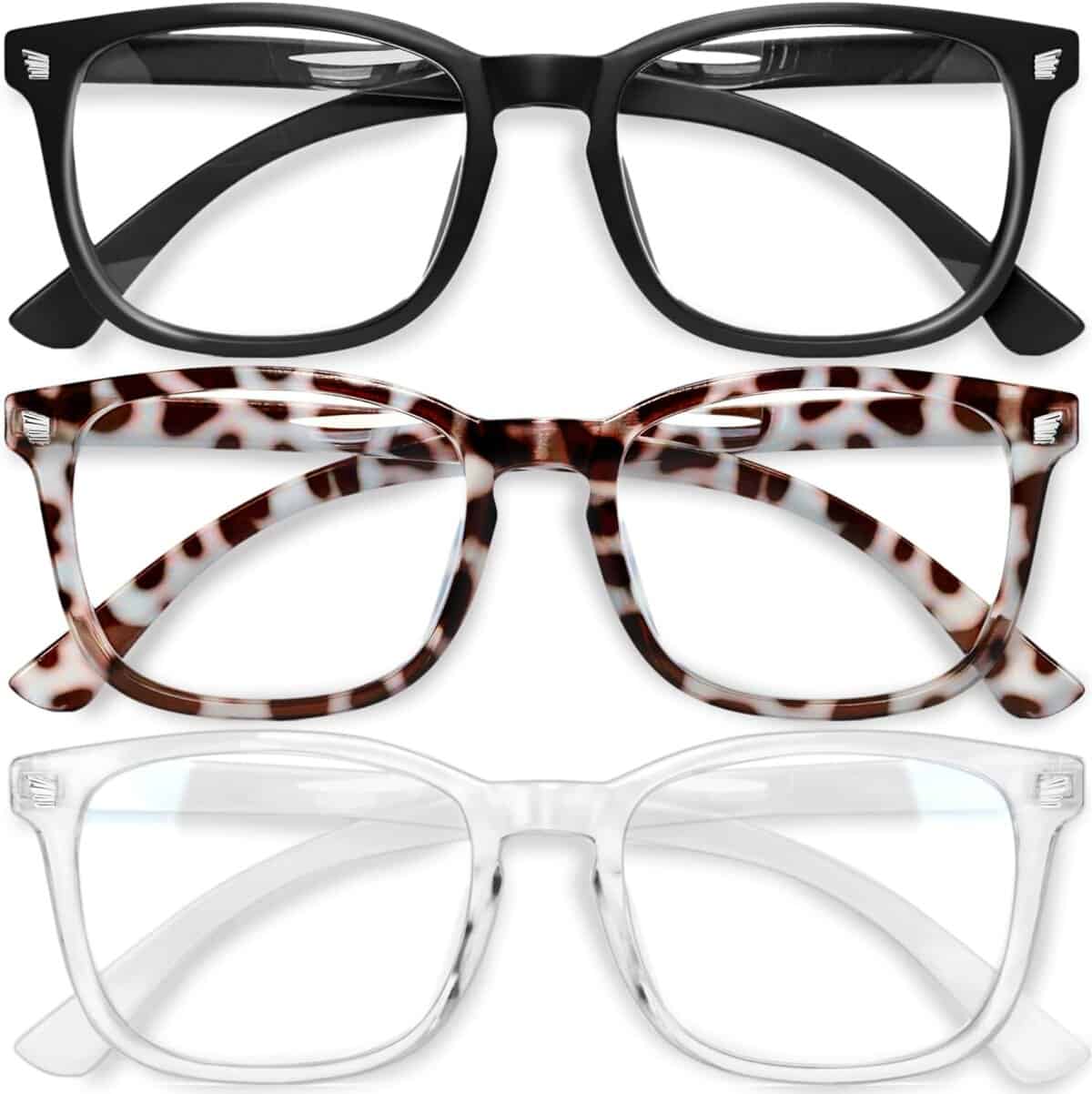 Three pairs of eyeglasses are shown: the top frame is solid black, the middle frame has a brown and white tortoiseshell pattern, and the bottom frame is clear, all displayed against a white background.
