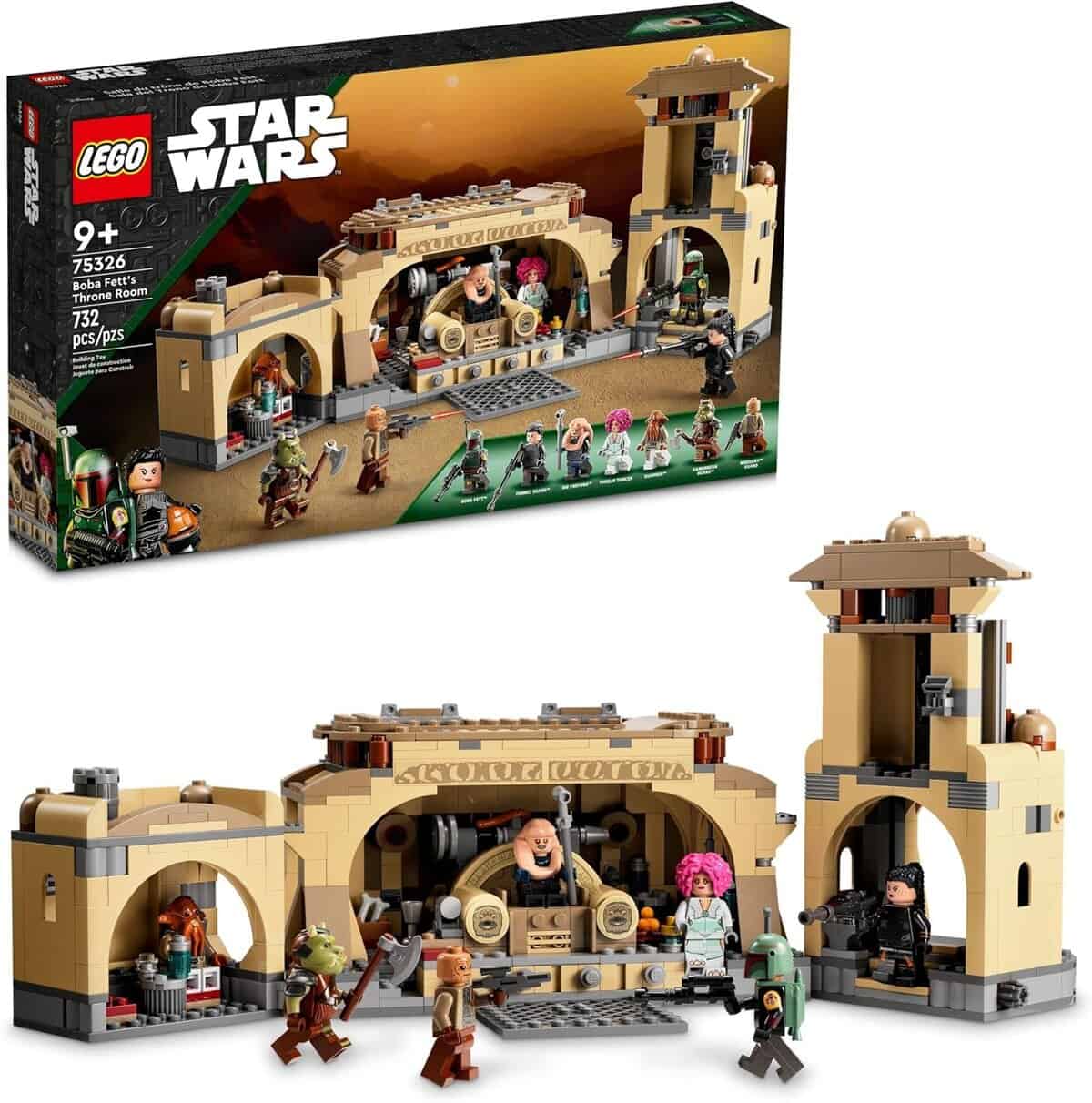 LEGO Star Wars set 75326, Boba Fett’s Throne Room, for ages 9+, with palace and throne builds, minifigures, and box showing the completed set and characters in a desert-themed scene.