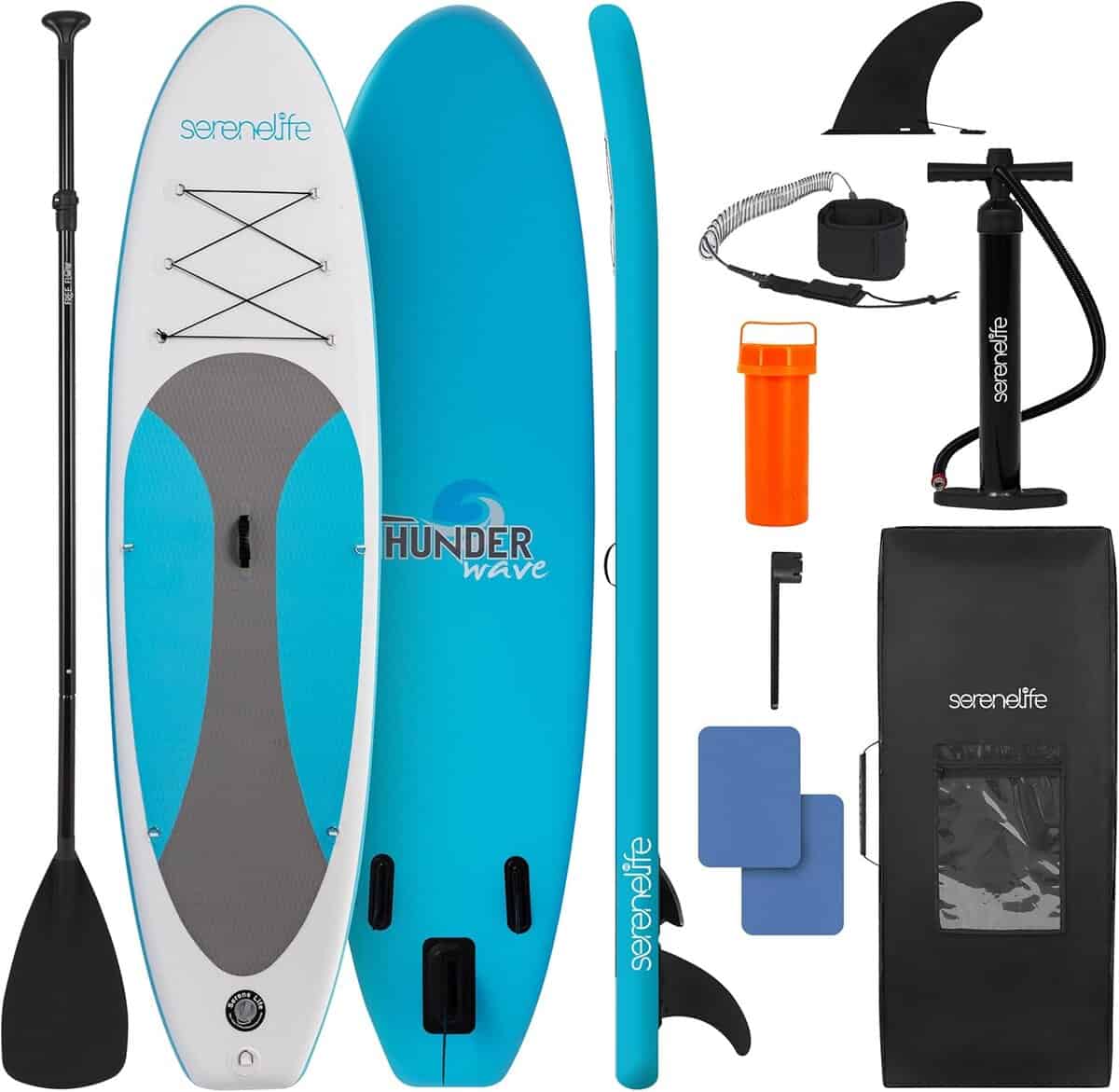 Stand up paddleboard set with blue and white board, black paddle, fin, pump, orange waterproof case, leash, repair patches, and black carrying bag, all arranged neatly on a white background.