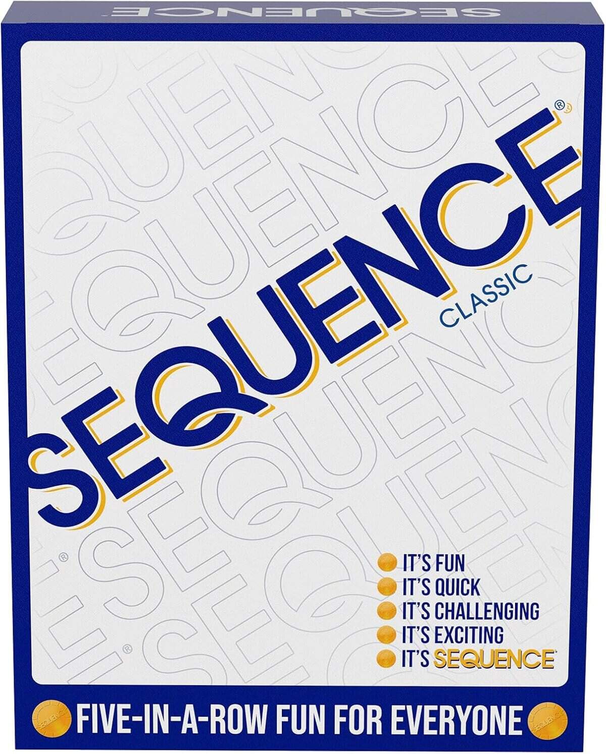 The image shows the front of a Sequence Classic game box with bold blue and yellow text. The box highlights that the game is fun, quick, challenging, exciting, and for everyone.