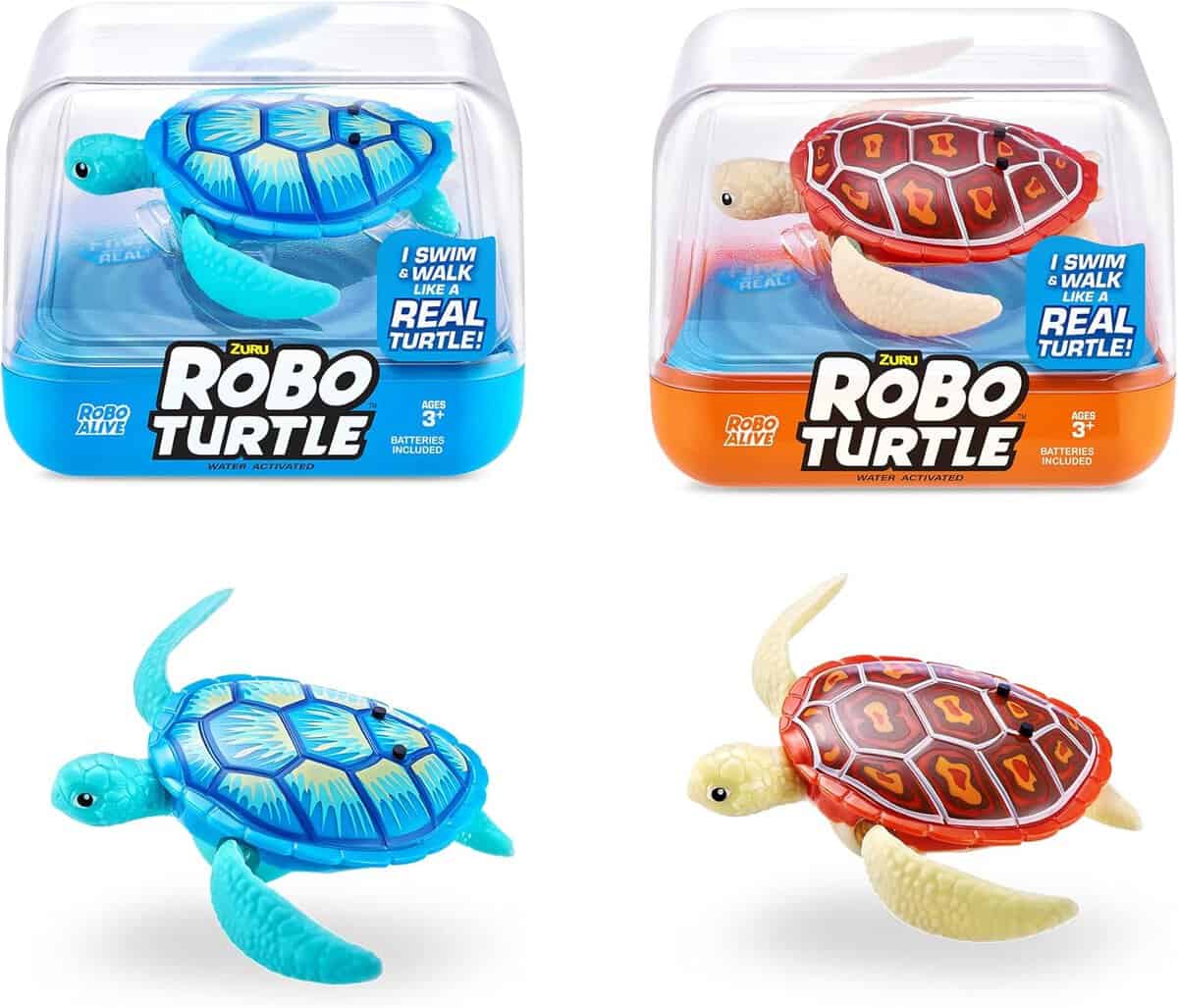 Two Robo Turtle toys, one blue and one brown, each shown both in their packaging and outside. The packaging states they swim and walk like real turtles. Blue packaging for the blue turtle, red for the brown turtle.