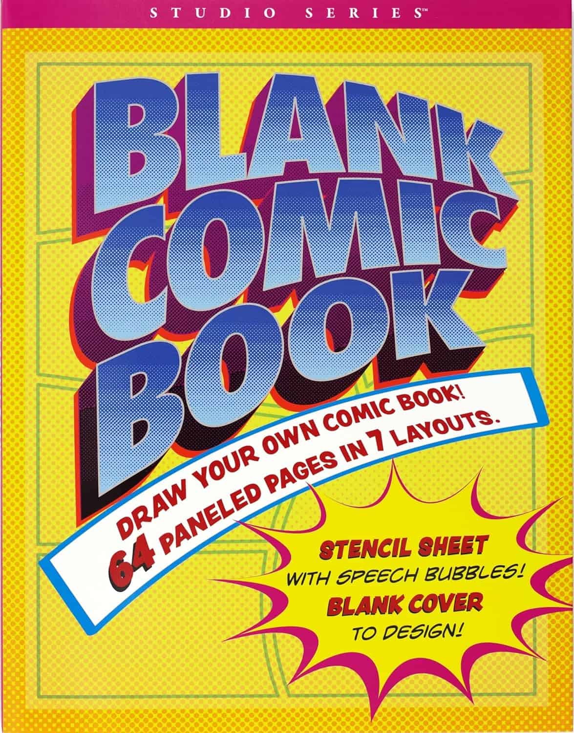 Colorful cover of a Blank Comic Book with bold 3D text. Taglines read: Draw Your Own Comic Book!, 64 Paneled Pages in 7 Layouts, and Stencil Sheet with Speech Bubbles! Blank Cover to Design!.