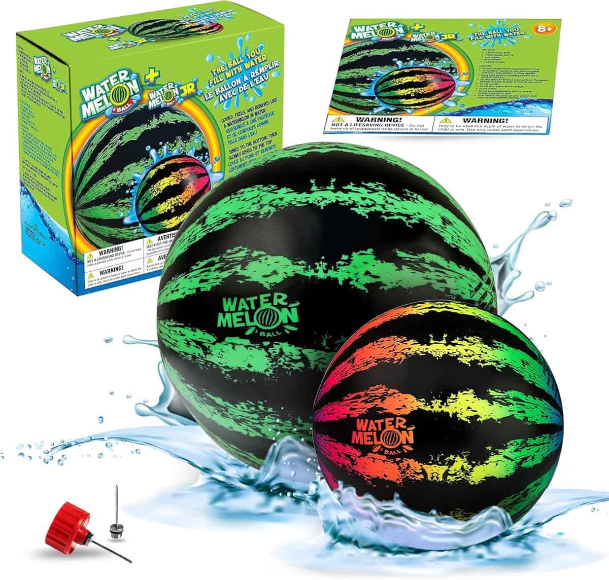 Two black water balls with green and orange watermelon patterns, labeled Watermelon Ball Jr., splash in water. The set includes a box, instructions, a red adapter, and two inflation needles. Suitable for ages 8 and up.
