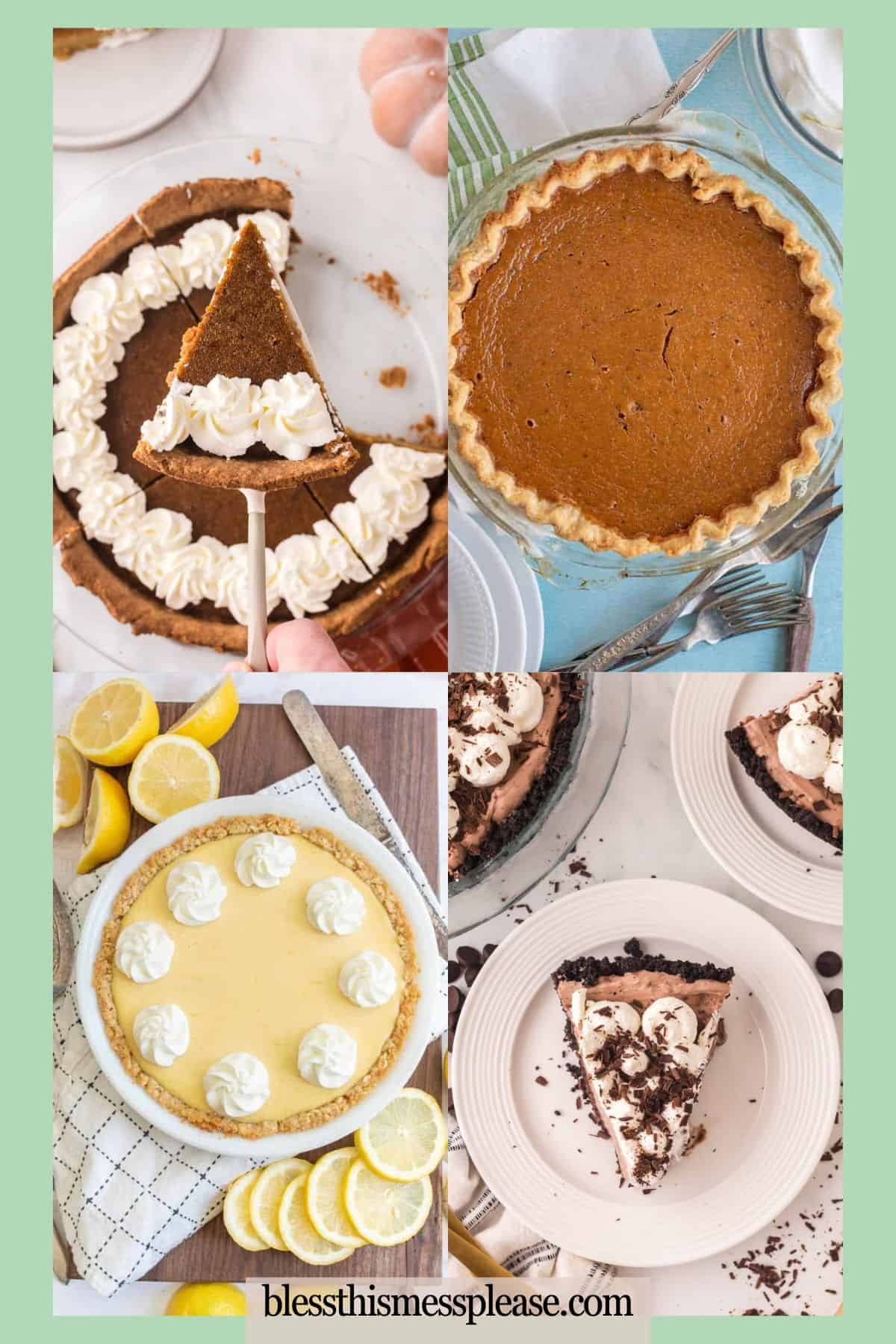 A collage of four different pies—perfect christmas pies—including pumpkin, chocolate with whipped cream, lemon with lemon slices and whipped cream, and a slice being served. The website appears at the bottom.