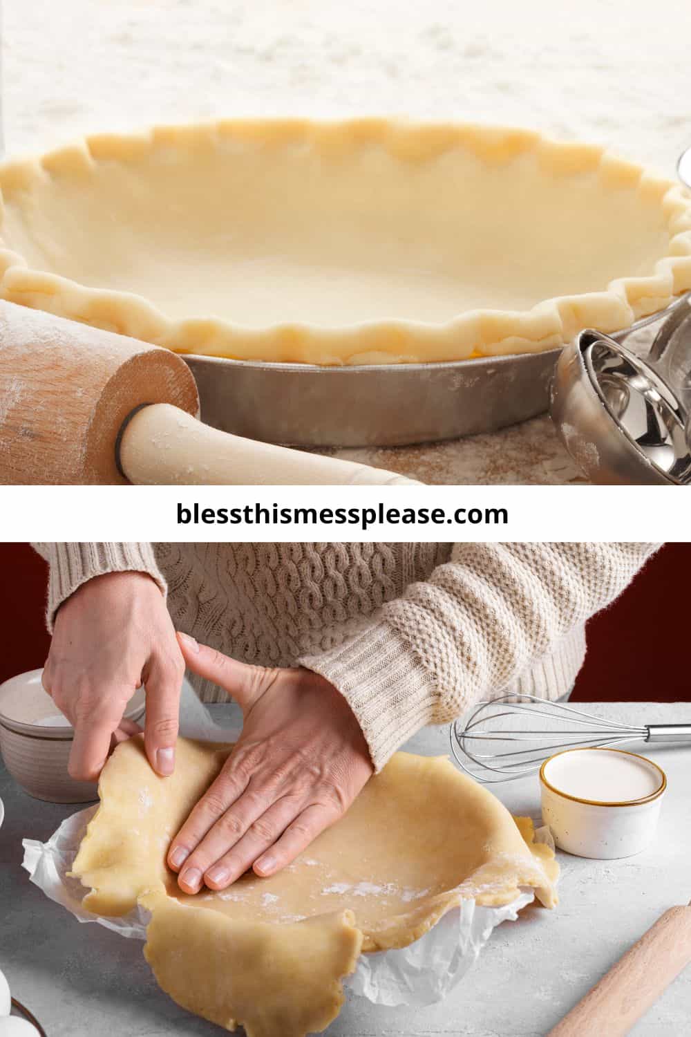 Top: Unbaked pie crust in a pie dish with a rolling pin nearby. Bottom: Person pressing pie dough into a dish, surrounded by baking tools—showing how to make pie crust. Website appears between images.