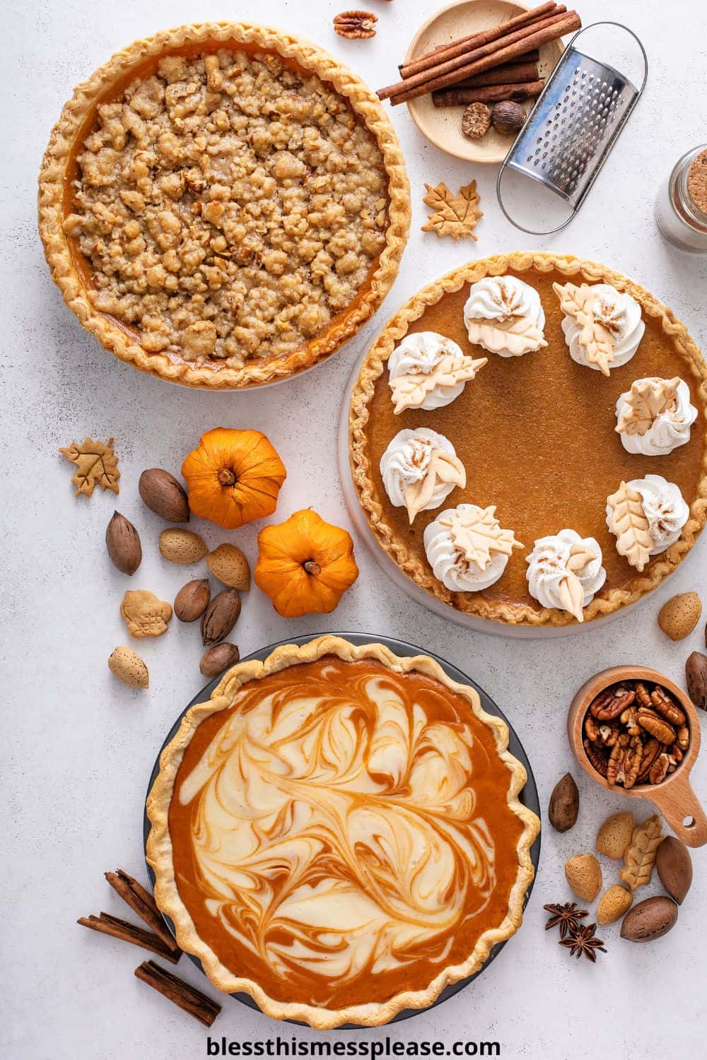 Three pies on a white surface—a crumb-topped pie, pumpkin pie with whipped cream, and a swirled pie—are surrounded by nuts, spices, pecans, small pumpkins, and a nutmeg grater. Wondering how to make pie crust? These treats offer inspiration.