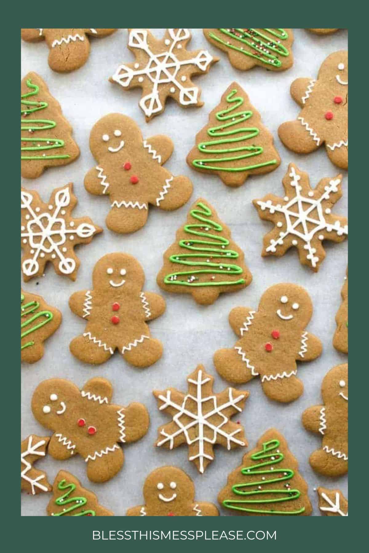 Christmas cookies shaped like gingerbread people, Christmas trees with green icing, and snowflakes with white icing, arranged on parchment paper. Website text at the bottom.