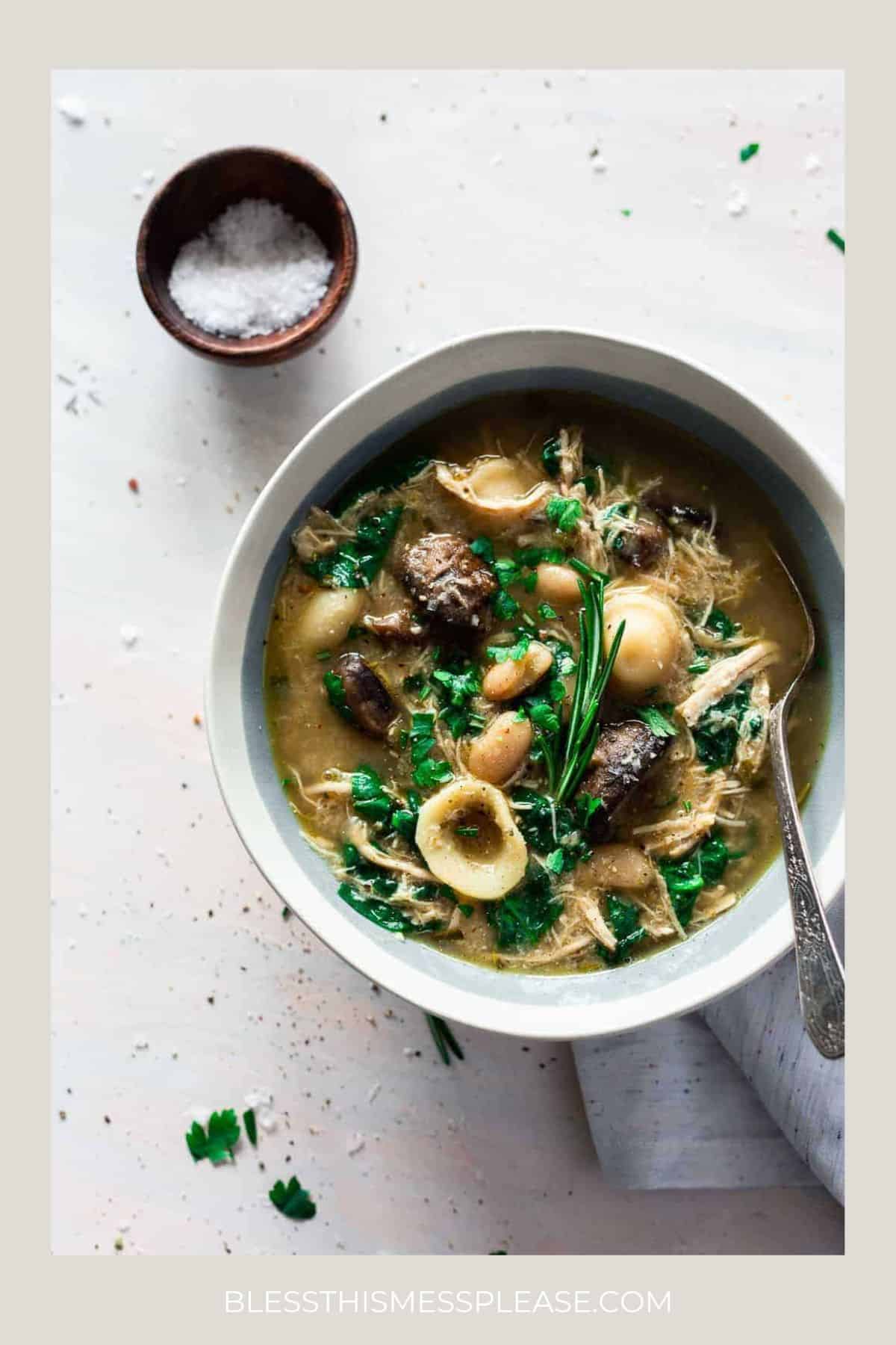 A hearty bowl of winter soup with pasta, shredded chicken, spinach, mushrooms, beans, and herbs, garnished with a rosemary sprig. A small bowl of coarse salt and fresh parsley complete this cozy scene on a light background.