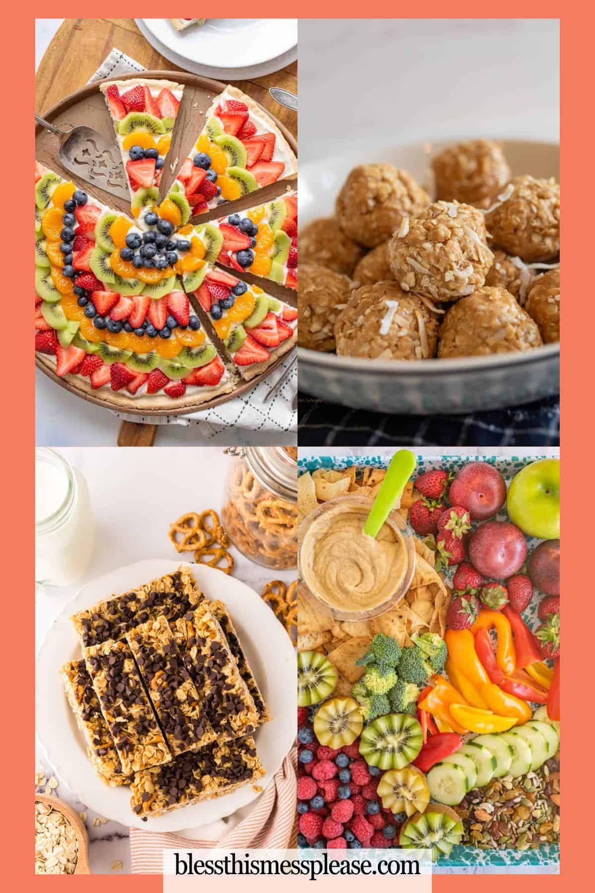 A collage of four healthy snack recipes: a fruit pizza topped with berries and kiwi, a bowl of oat and peanut butter energy bites, a plate of granola bars, and a colorful fruit and veggie platter with dip.