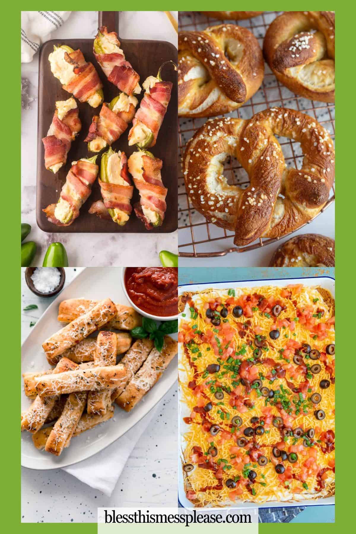 A collage of Super Bowl appetizers: bacon-wrapped jalapeño poppers, soft pretzels with salt, cheesy breadsticks with marinara sauce, and a baked casserole topped with cheese and olives.