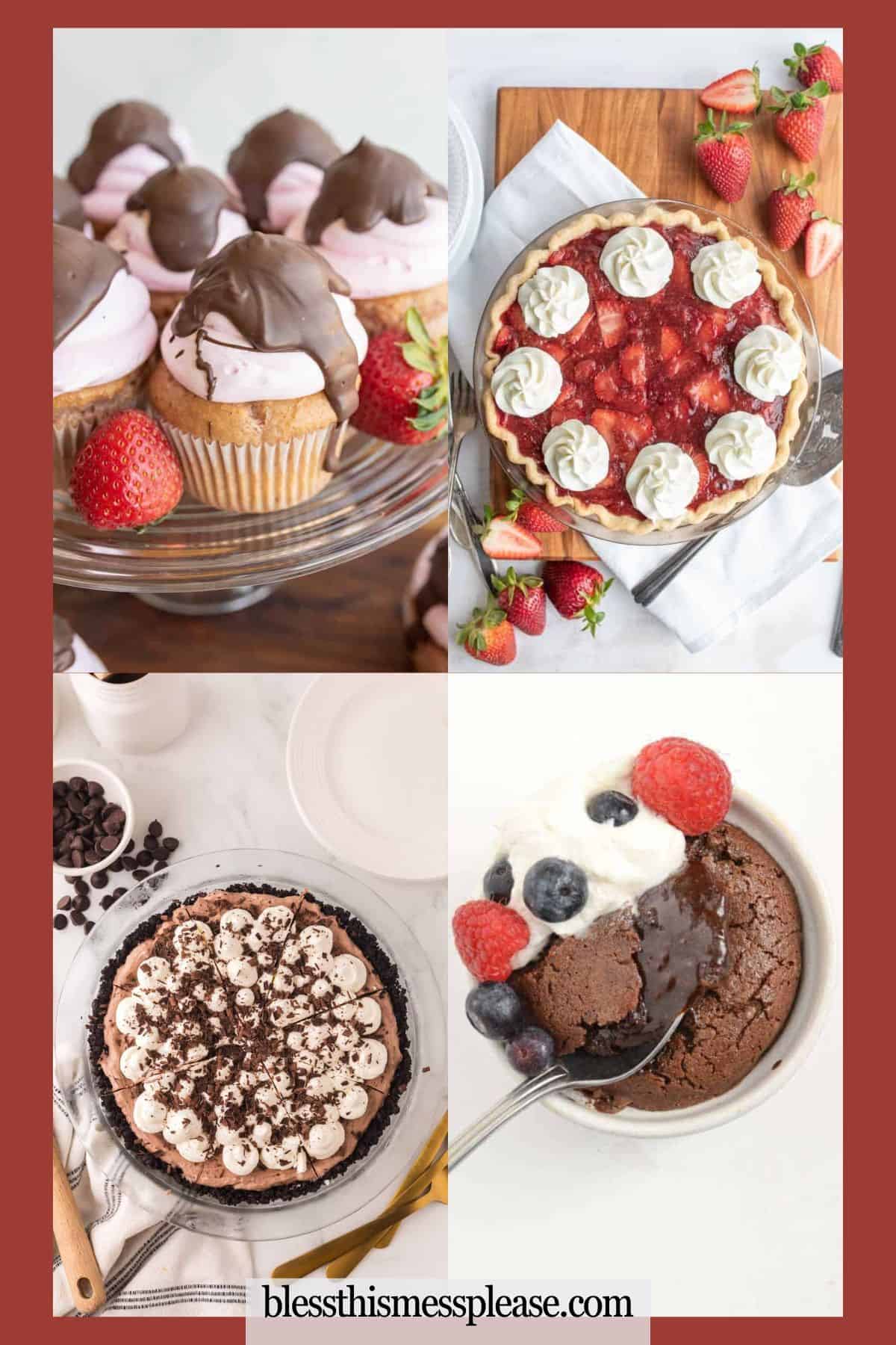 A collage of four valentine's day desserts: chocolate-covered strawberry cupcakes, a strawberry tart with whipped cream, a chocolate pie topped with whipped cream and chocolate shavings, and a chocolate cake with berries.