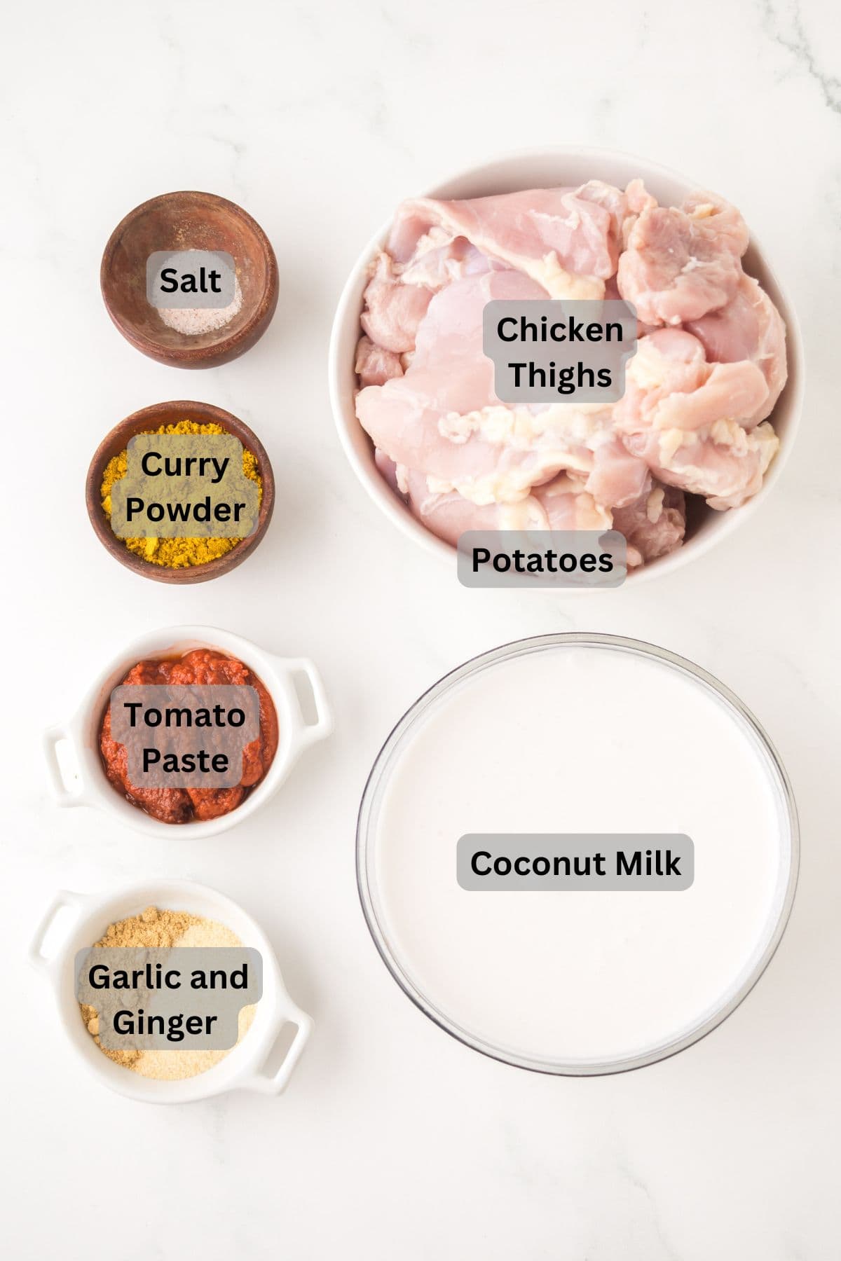 Top view of labeled ingredients for chicken curry with chicken thighs: salt, curry powder, tomato paste, garlic and ginger, raw chicken thighs, diced potatoes, and a bowl of coconut milk on a white surface.