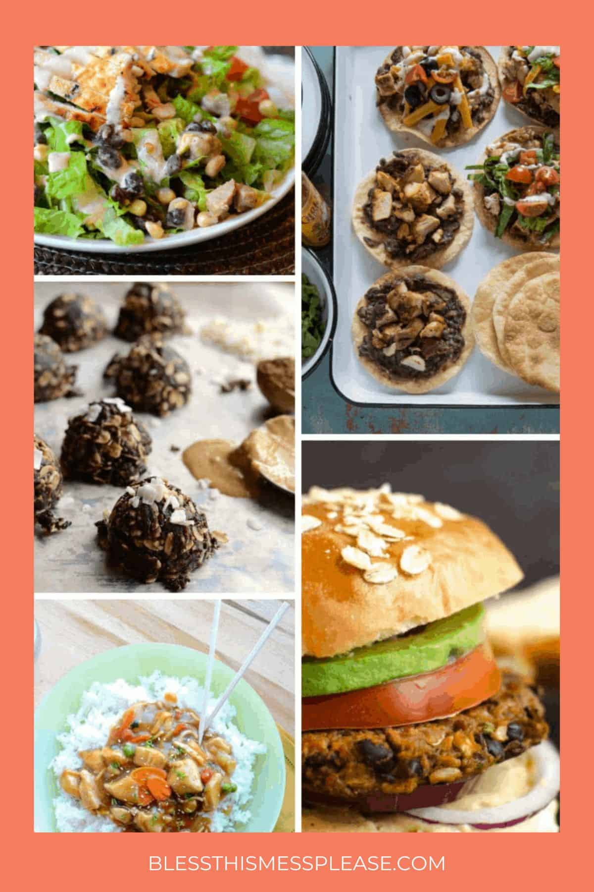 A collage of five vegetarian black bean recipes, including salads, pizzas, energy bites, a rice bowl with veggies, and a black bean burger on a bun with avocado. The website is noted at the bottom.